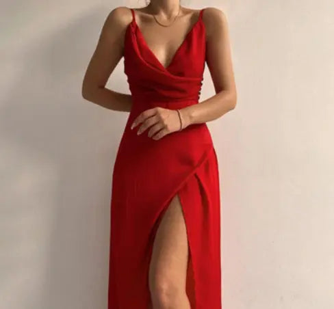 V-neck Slit Sling Dress Summer Fashion Sexy Slim Suspender Dresses For Women Clothing 