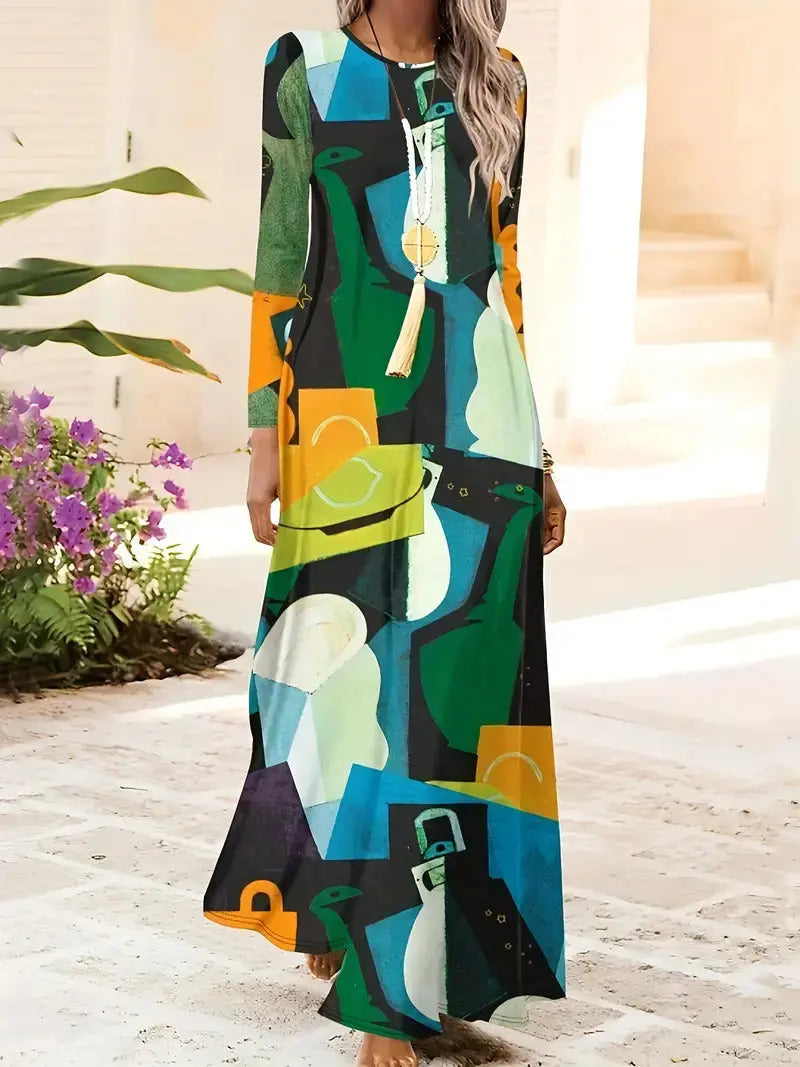 European And American Long Sleeve Artistic Retro Geometric Printed Round Neck Pullover Dress 