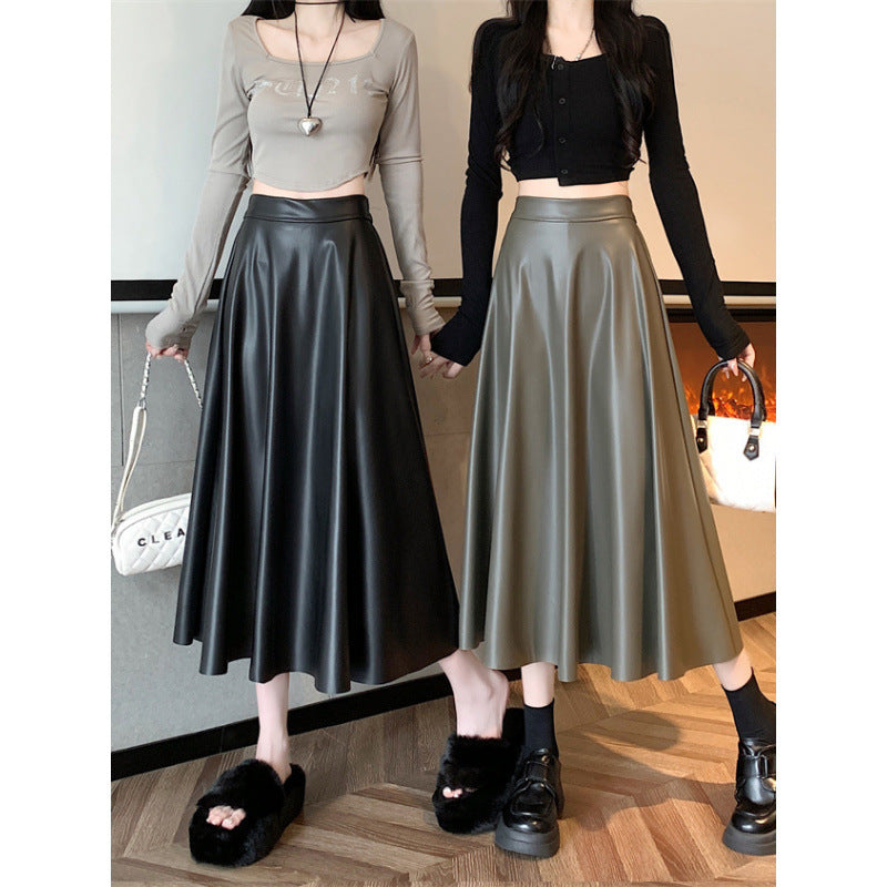 Leather Medium Length Simple A- Line Umbrella Skirt