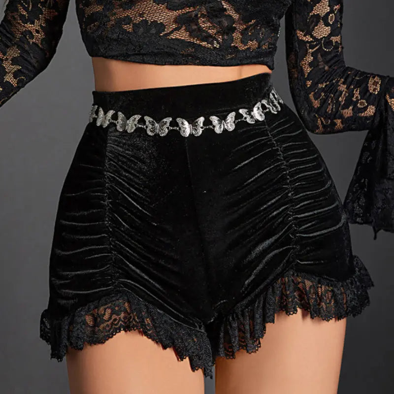 Dark Sexy Retro High Waist Velvet Pleated Shorts 