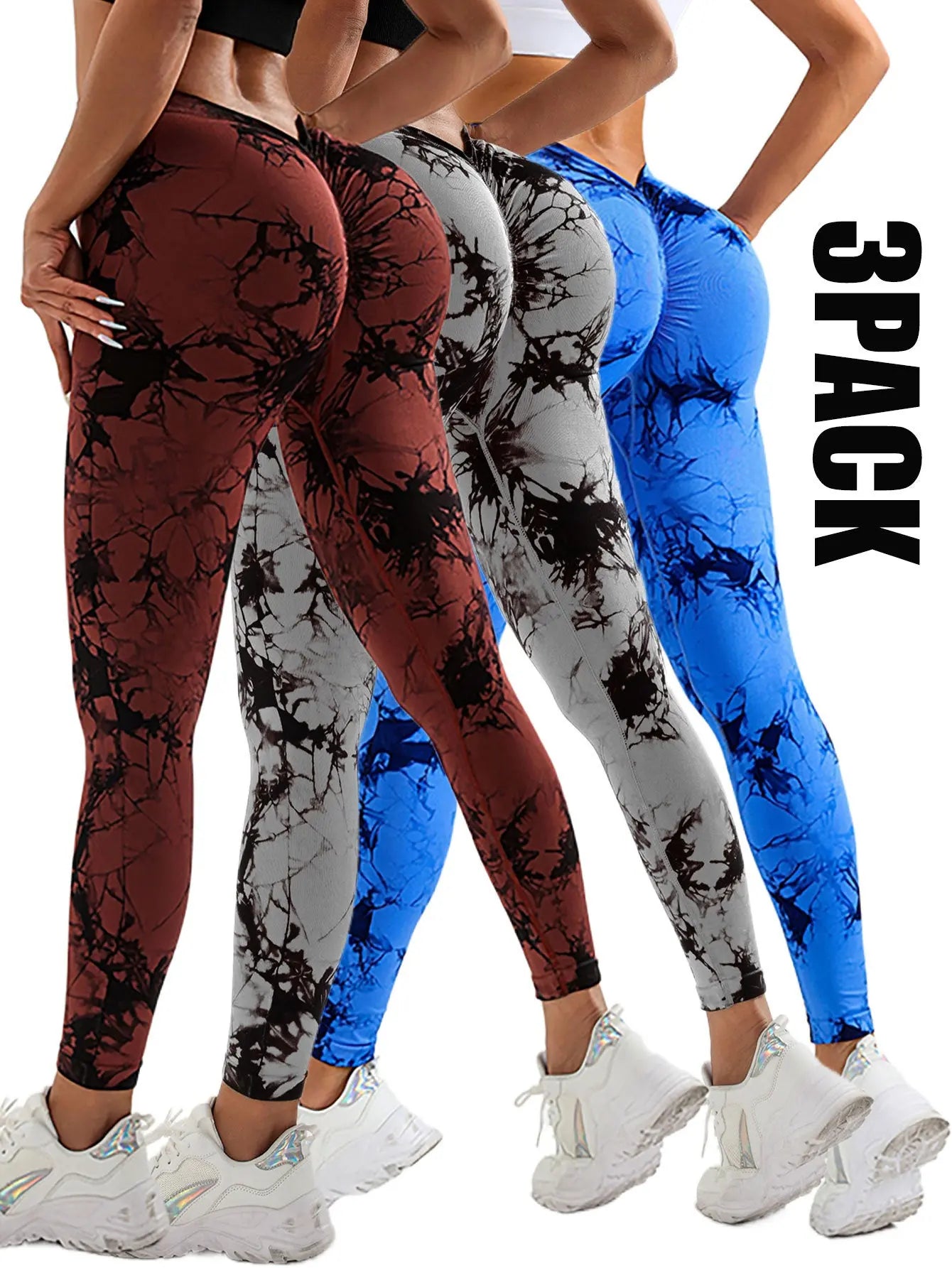 3 Pack Women's Scrunch Workout Leggings, High Waisted Butt Lifting Tie-dye V Back Waist Seamless Gym Yoga Leggings, Workout Leggings For Women Jada Leggings 