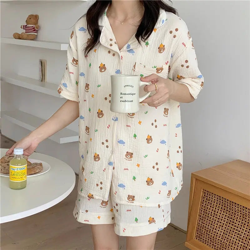 Pure Cotton Bear Head Loungewear Short Sleeve Cardigan Set 