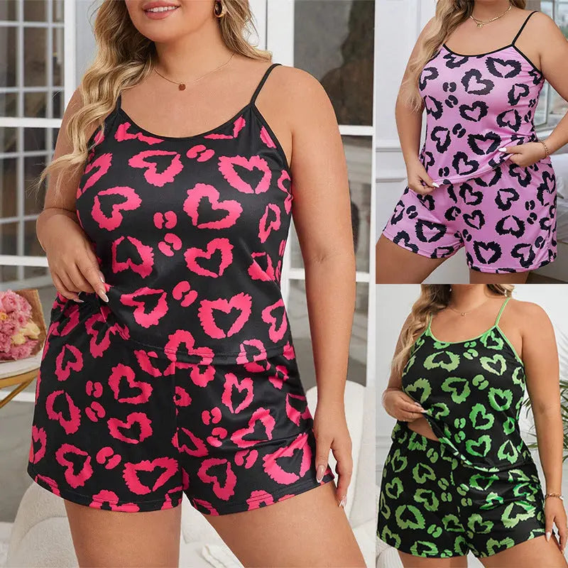 Casual Homewear Female Plus Size Heart Printing Suspender Shorts 