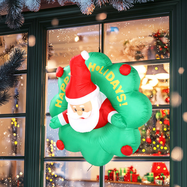 4ft Window Santa Claus Wreath, 5 LED Lights, Bundle Pocket Christmas Inflatable Decoration