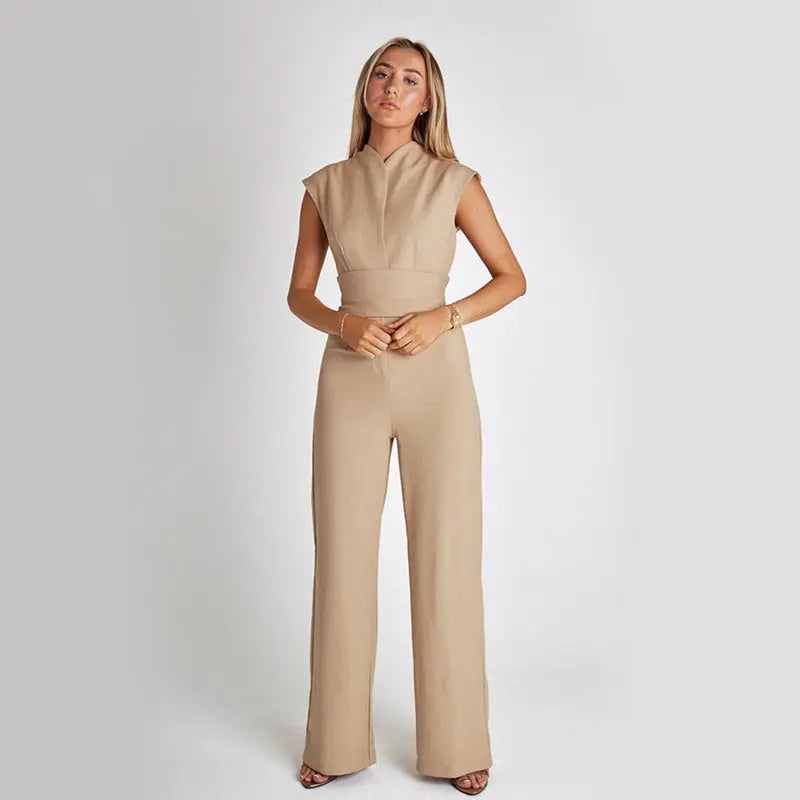 Fashion Elegant Long Sleeveless Jumpsuit Summer V-neck Casual Wide Leg Long Overalls Clothing For Women 