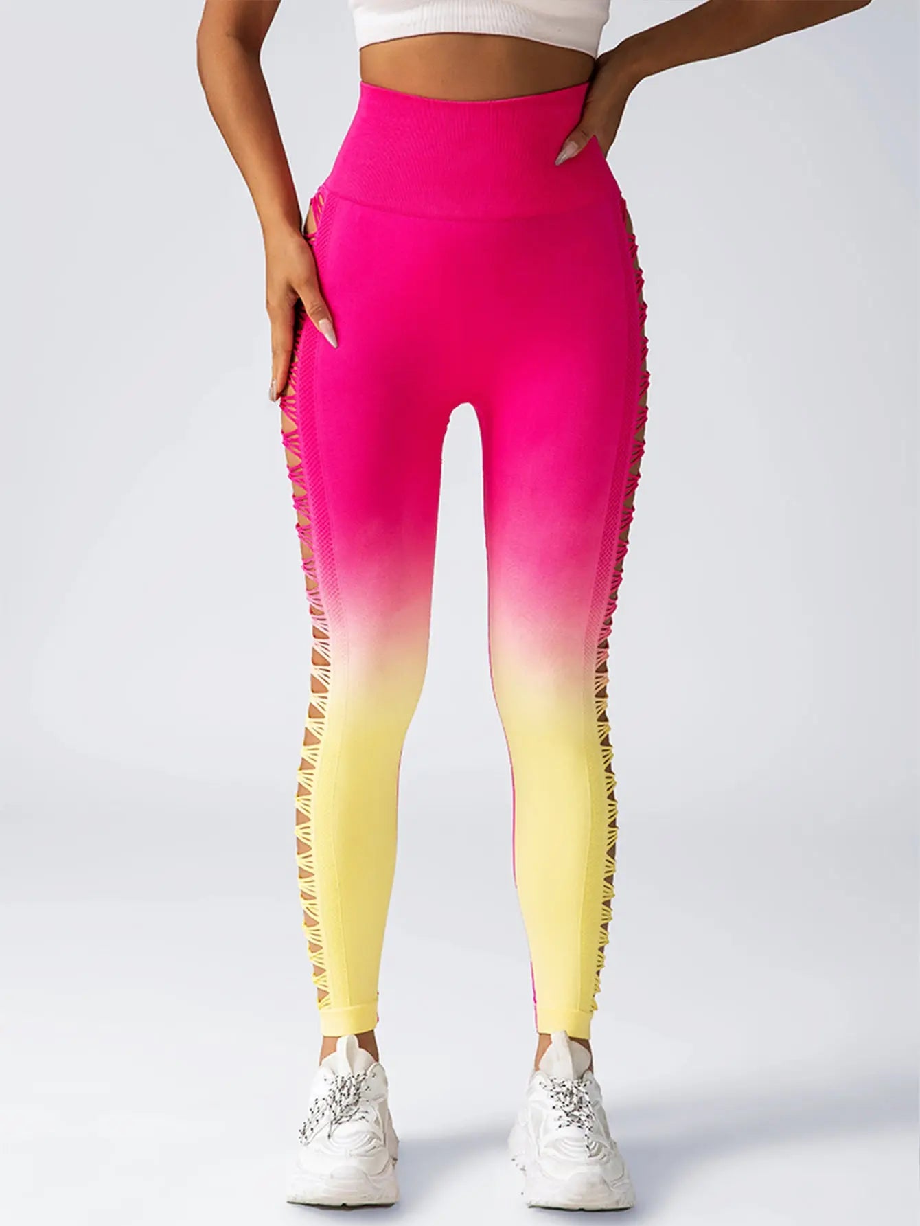 Women's High-Waisted Gradient Yoga Pants, Cutout Leggings, Booty Lifting, Athletic Long Tights For Fitness Workout, Breathable Sportswear 