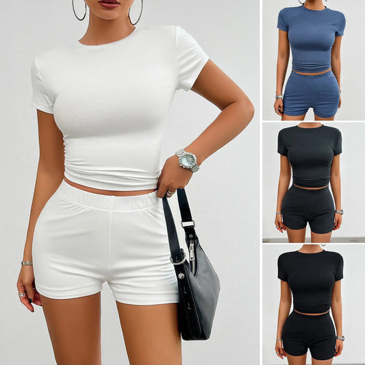 Solid Color Slim Sports Suit Summer 2Pcs Short-sleeved Round Neck T-shirt And Elastic Shorts Fashion Womens Clothing 
