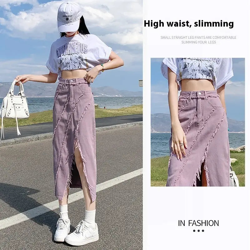 High Waist Slimming Mid-length A- Line Sheath Split Skirt 