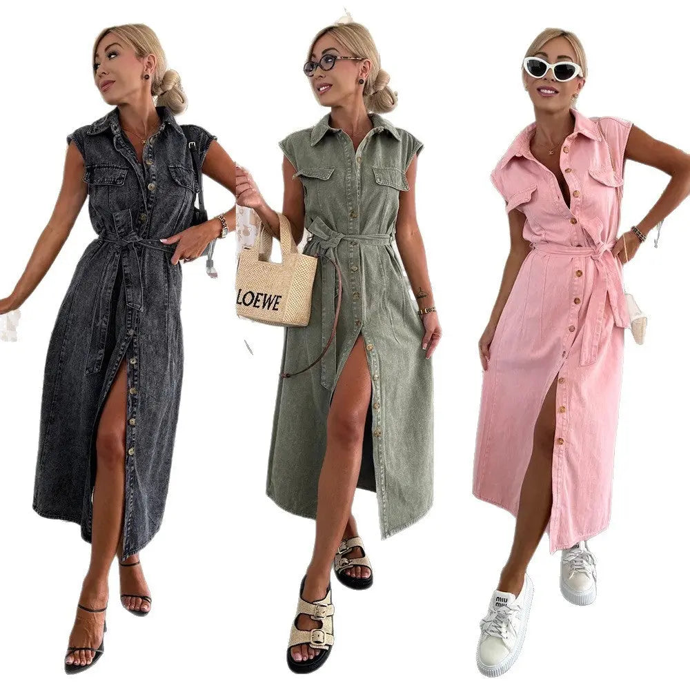 Women's Casual Sleeveless Lace-up Long Dresses Fashion Pockets Solid Party Office Elegant Lapel Single Breasted Denim Dress Summer 