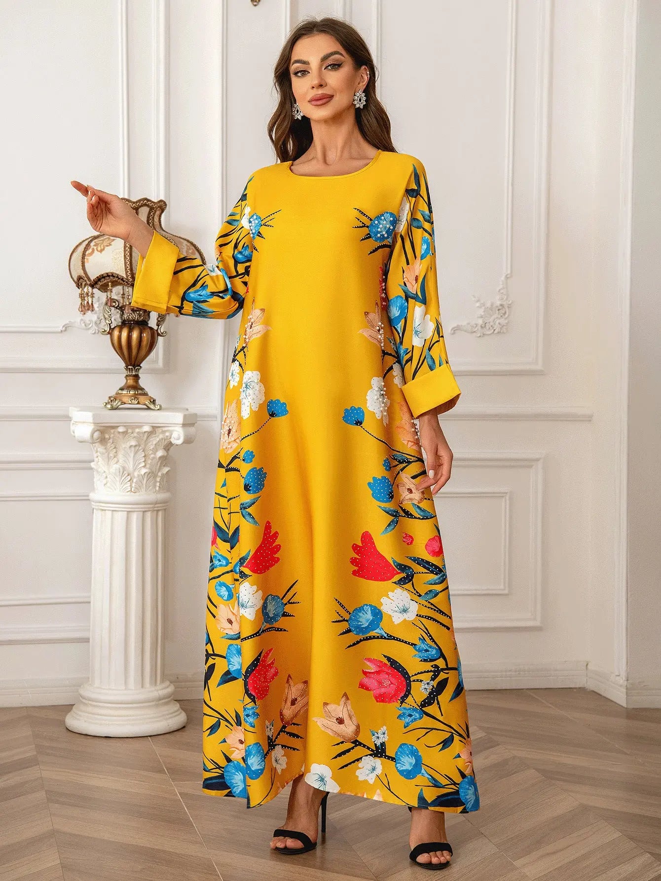 Dubai Fashion Printed Hot Diamond Women's Robe Abaya Muslim Dress 