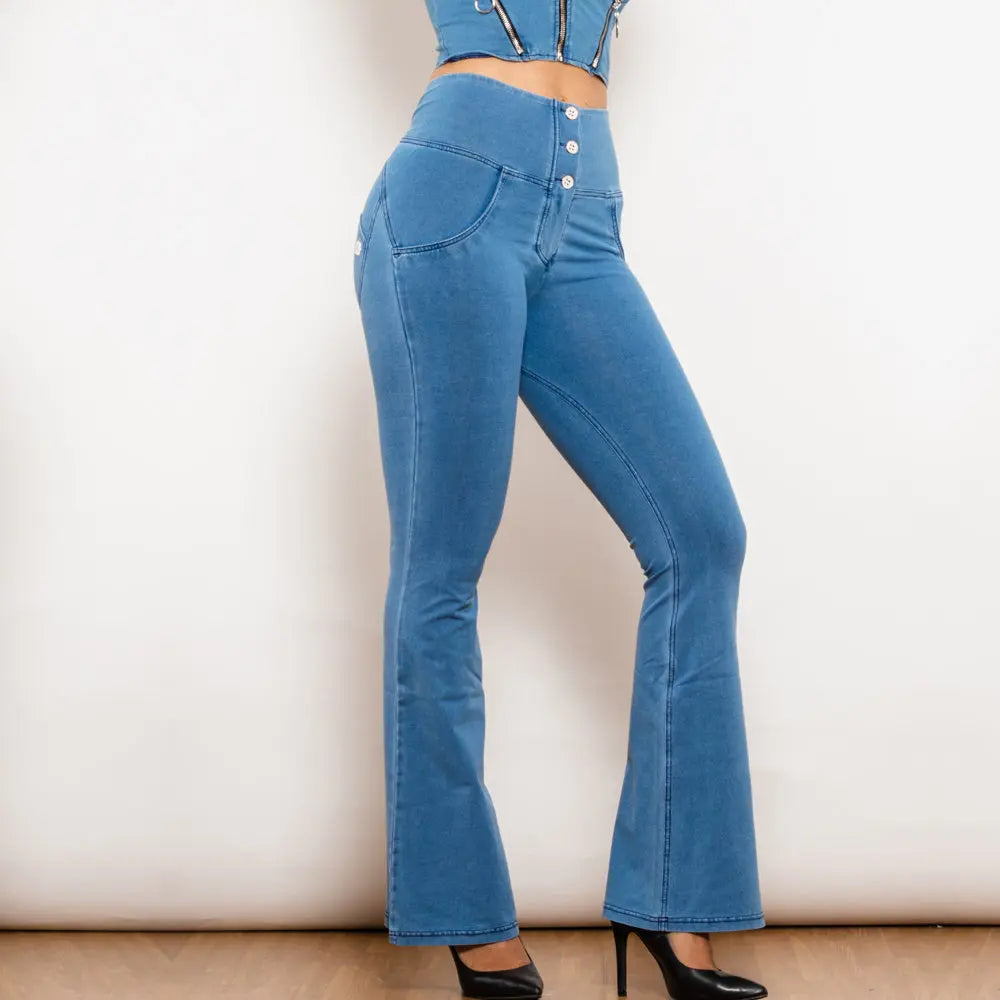Shascullfites Melody Light Blue Flared Lift Jeggings Button Up Jeans Shaping Jeans Women High Waist Flare Jeans 