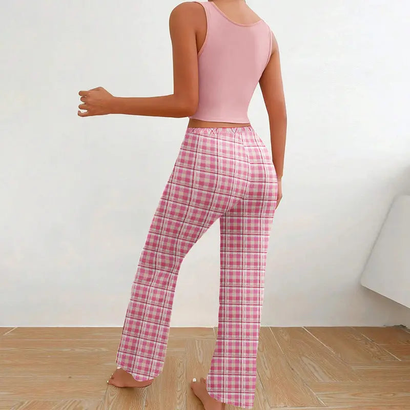 Spring Summer Women's Casual Pajamas Home Wear Vest Color Matching Plaid Trousers Letter Print Top Ladies 2 Pcs Home Clothes Sleepwear 