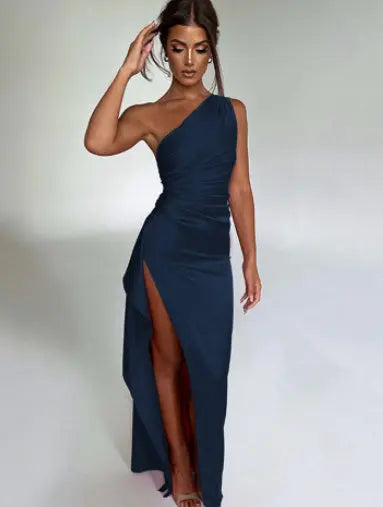 Sexy One-shoulder Backless Slit Dress Summer Elegant Slim-fit Solid Color Satin Dresses For Women 