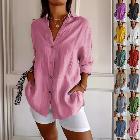 Lapel Long Sleeve Shirt Women's Single-breasted Pleated Shirt 
