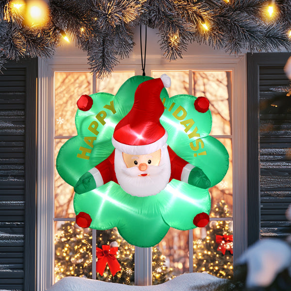 4ft Window Santa Claus Wreath, 5 LED Lights, Bundle Pocket Christmas Inflatable Decoration