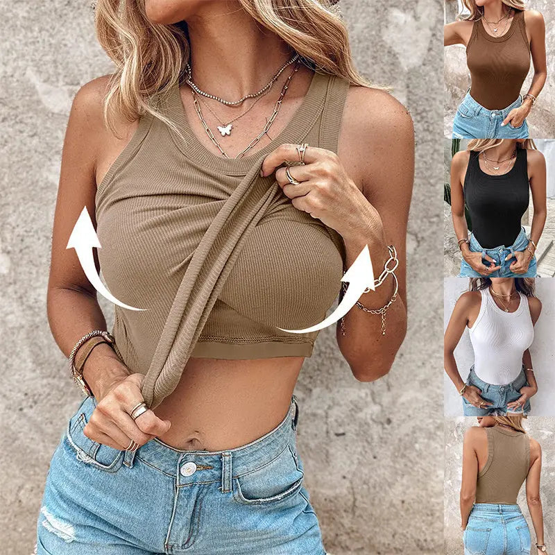 Round Neck Vest With Bra Summer Solid Color Bottom Sleeveless Top Womens Clothing 
