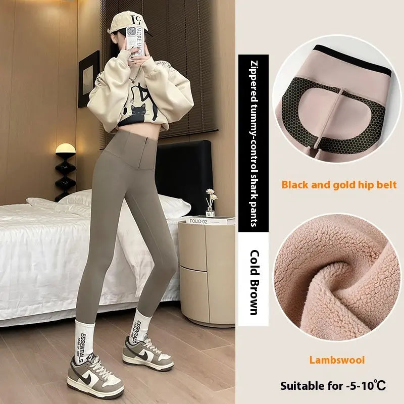 Belly-controlling Butt Lifting Leggings With Three-breasted Design Winter High Waist Slim Zippere Pants Warm Velvet And Thickened Trousers Women Clothing 