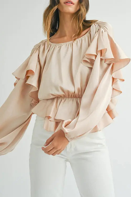 Oatmeal Lace-up Keyhole Back Ruffled Peplum Blouse 