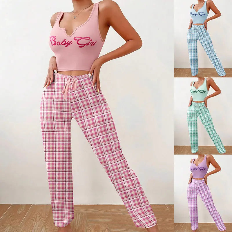 Spring Summer Women's Casual Pajamas Home Wear Vest Color Matching Plaid Trousers Letter Print Top Ladies 2 Pcs Home Clothes Sleepwear 