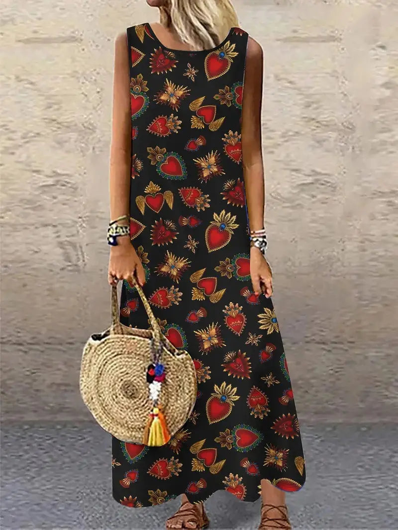Holidaya Ladies Summer Floral Print Round Neck Sleeveless Dress For Casual Or Vacation 