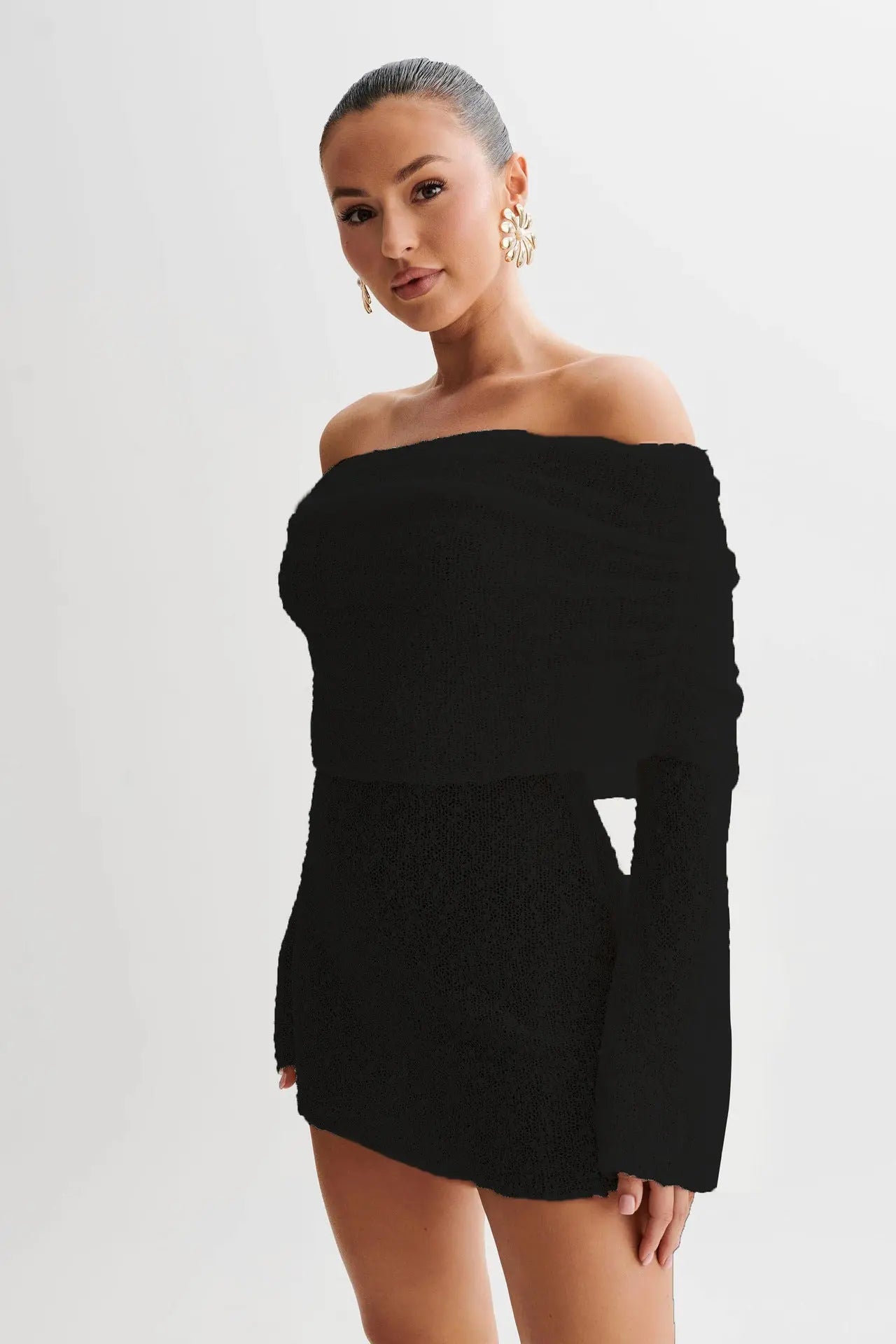 Women's Spring Summer Knitted Dress Elegant Party Boat Neck Dress Infant Off Shoulder Bodycon Long Sleeve Fuzzy Short Club Chic Mini Dress 