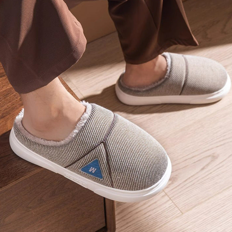 Solid Striped Home Slippers Winter Warm Fleece Shoes