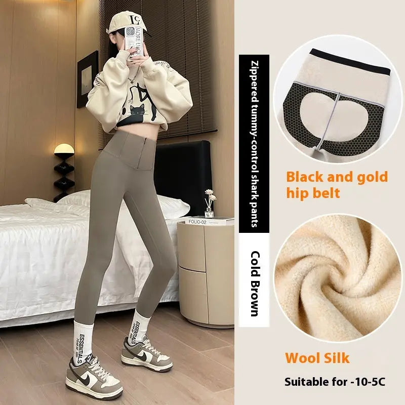 Belly-controlling Butt Lifting Leggings With Three-breasted Design Winter High Waist Slim Zippere Pants Warm Velvet And Thickened Trousers Women Clothing 