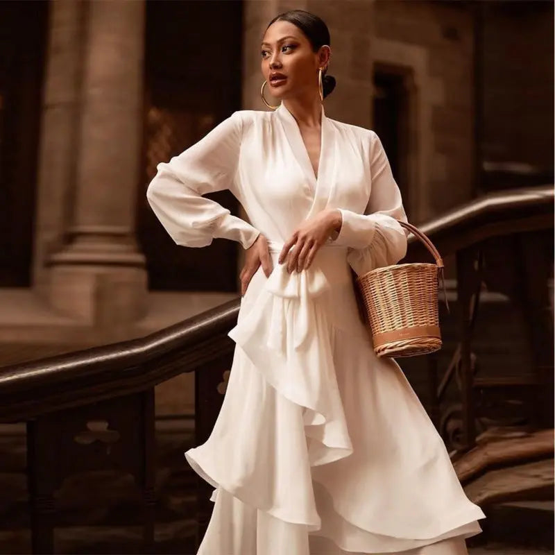 V-neck Prom Dress Long Sleeve Ruffles Long Prom Dress Elegant Dresses For Women White Satin Dress Layered Woman Clothes Casual 