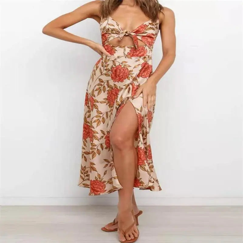 Flower Print Split Suspender Dress With Hollow Bowknot Design Ins Fashion Sleeveless Beach Dresses Summer Women's Clothing 