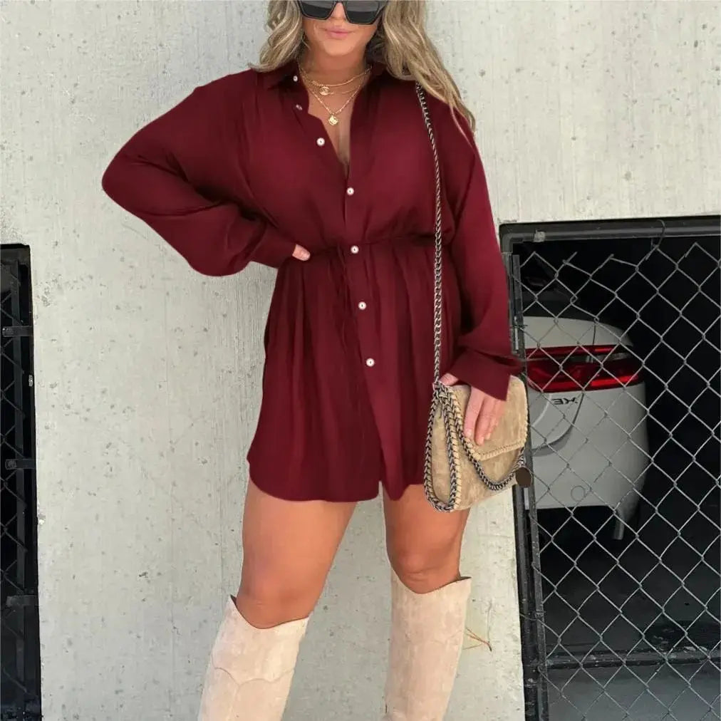 Women's Long Sleeve Jumpsuit With Button Fashion Shirt Dress 