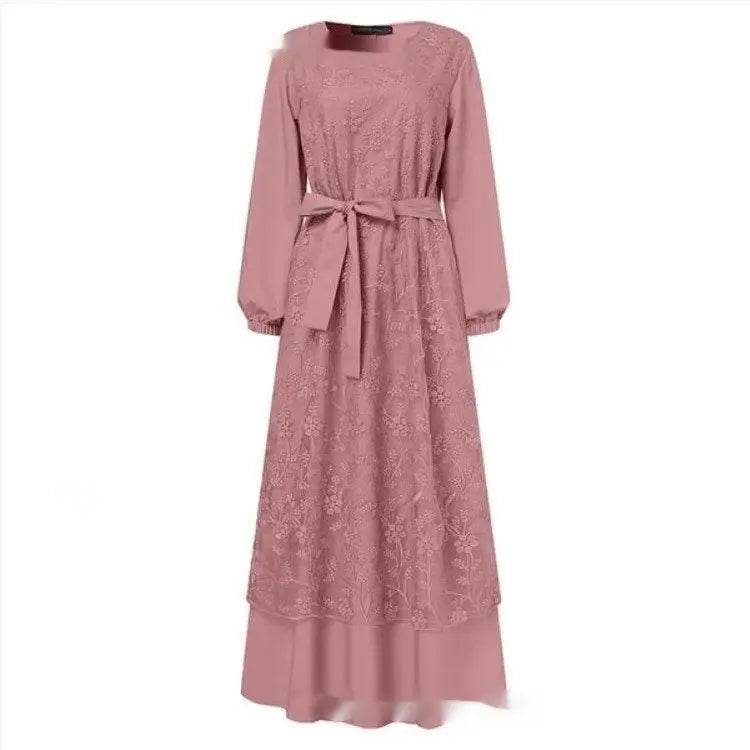 Muslim Round Neck Lace Floral Dress 