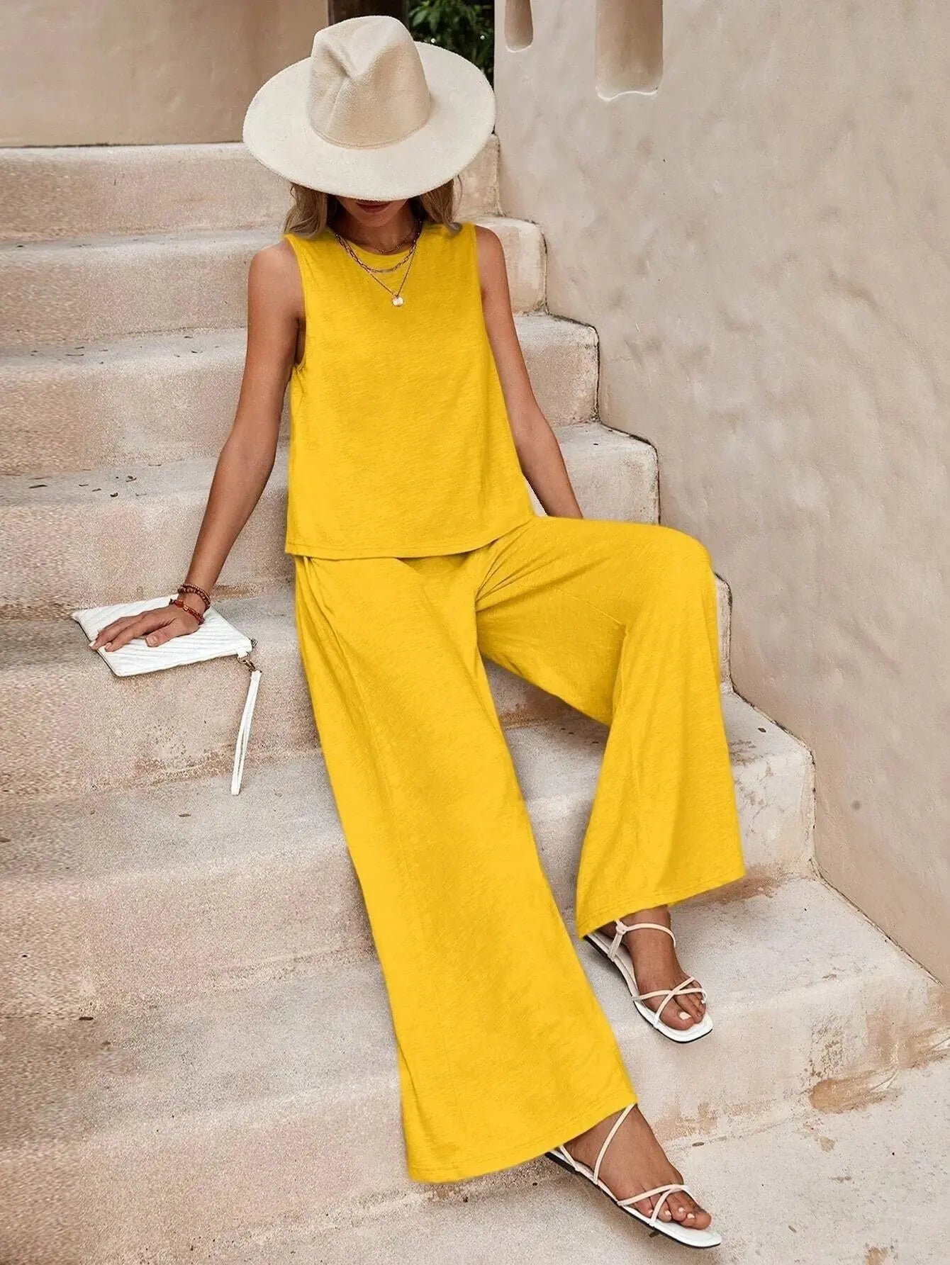 Summer Solid Color Casual Loose Pants & Suit Two Pieces Sets For Women 