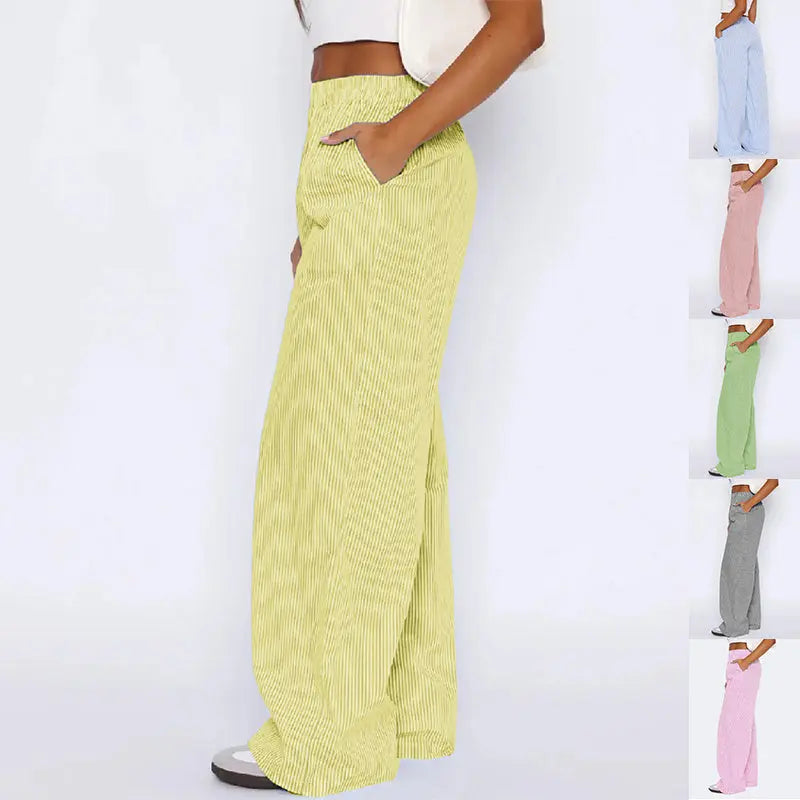 Striped Trousers With Pockets Ins Fashion Casual Wide Leg Straight Pants For Women Clothing 