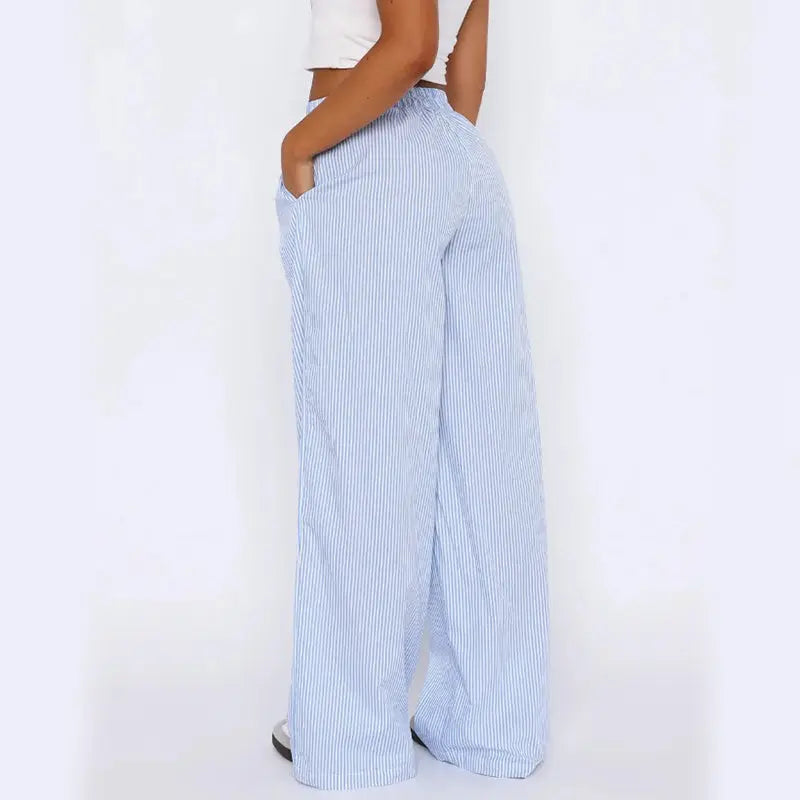 Striped Trousers With Pockets Ins Fashion Casual Wide Leg Straight Pants For Women Clothing 