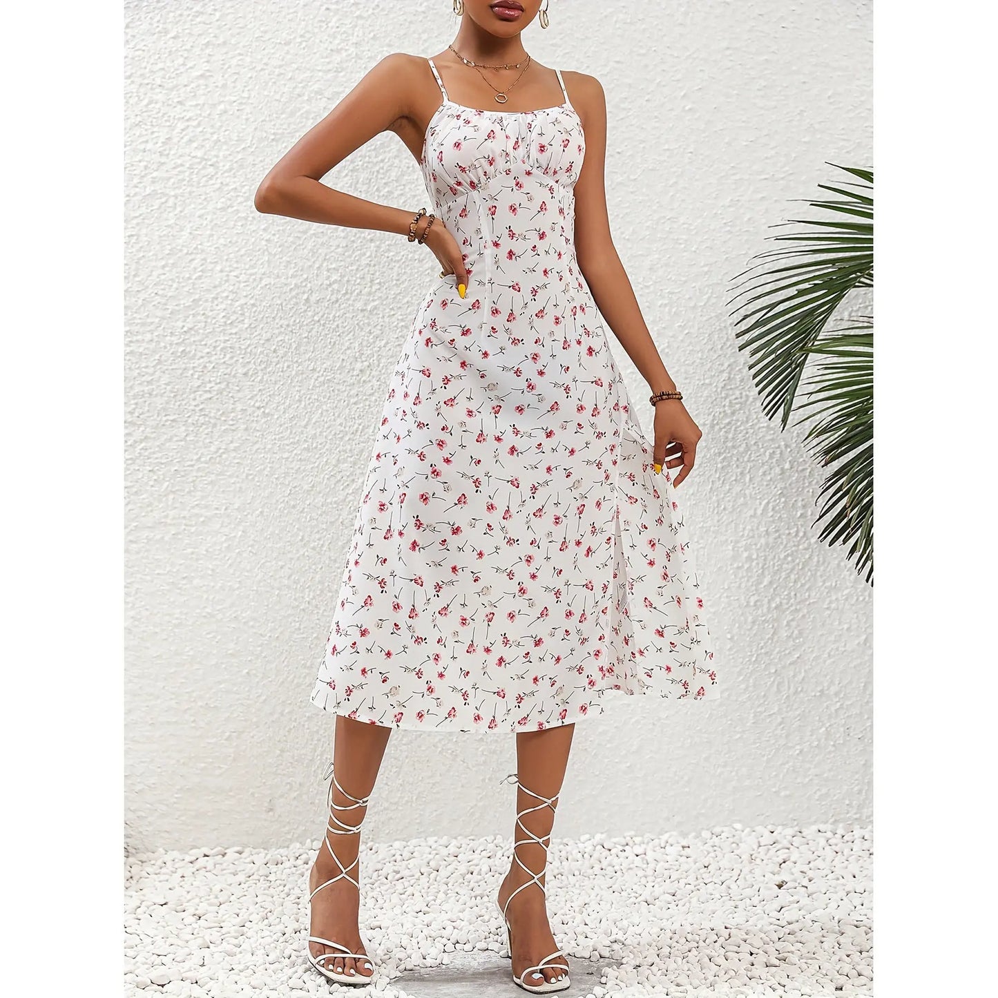 New Polka Dot Print Suspender Dress Summer Sexy Slit Long Dresses For Womens Clothing 