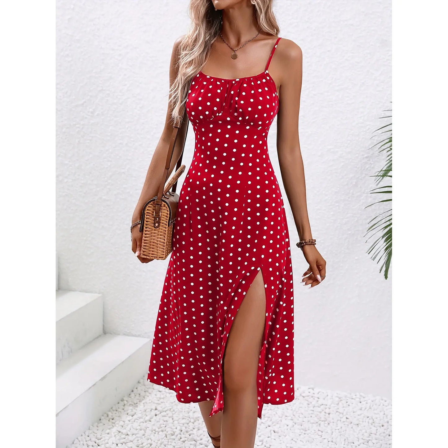 New Polka Dot Print Suspender Dress Summer Sexy Slit Long Dresses For Womens Clothing 