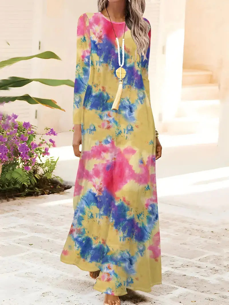 European And American Long Sleeve Artistic Retro Geometric Printed Round Neck Pullover Dress 