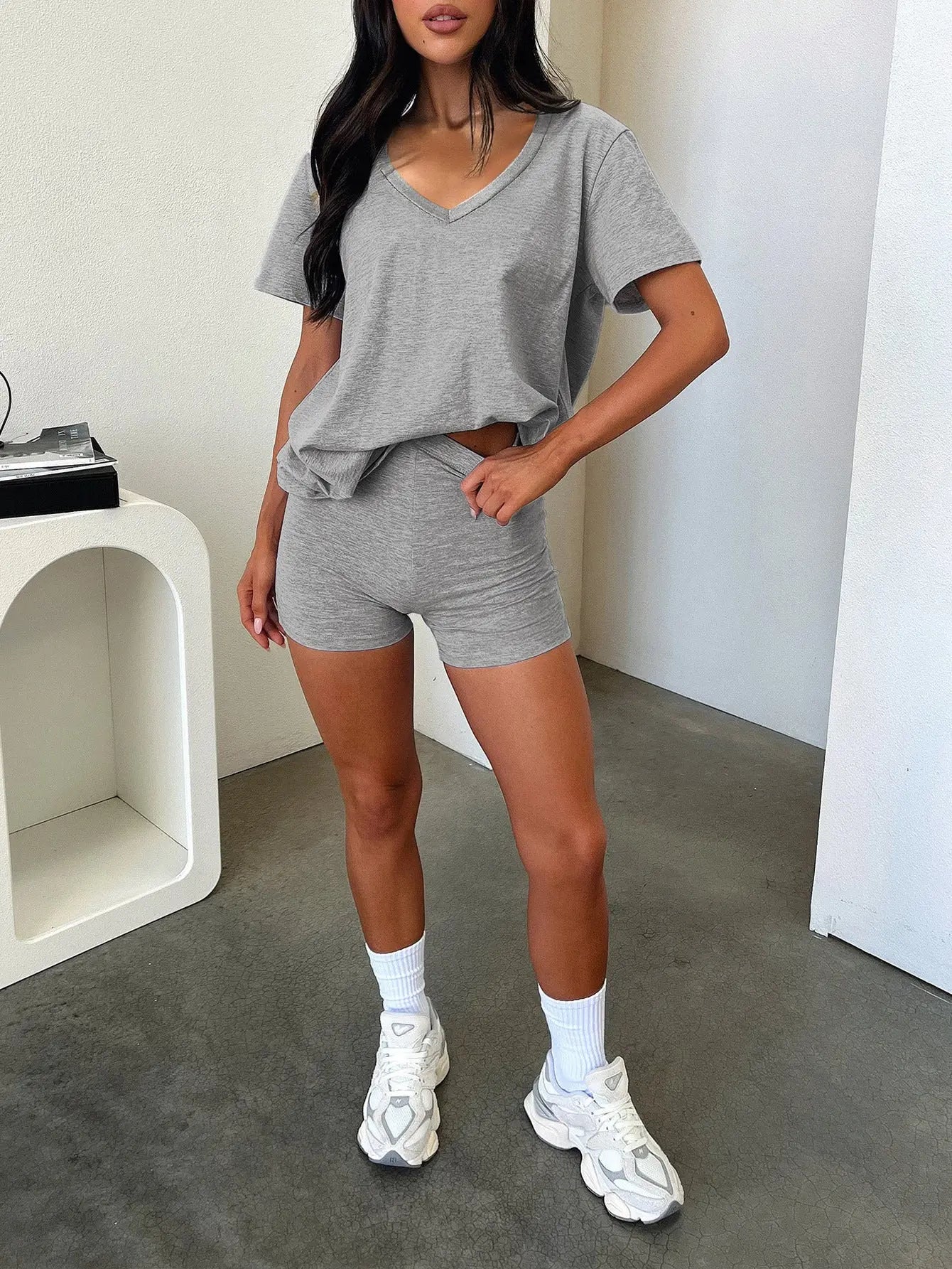 European And American V-neck Casual Temperament Pure Color Fashion Suit 