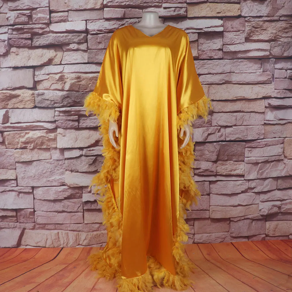 African Women's Loose Dress Luxury Fully Surrounded Light Feather Batwing Sleeve High Slit Robe 