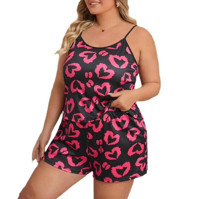 Casual Homewear Female Plus Size Heart Printing Suspender Shorts 