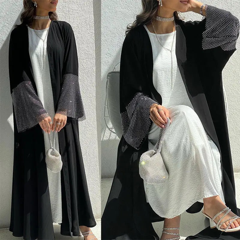 MQ085 Cardigan Abaya Muslim Cross-border Stretch Diamond Mesh Robe 