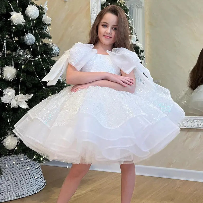 Girls' White Birthday Party Formal Dress Skirt 