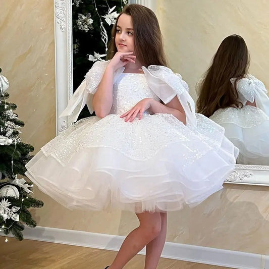 Girls' White Birthday Party Formal Dress Skirt 