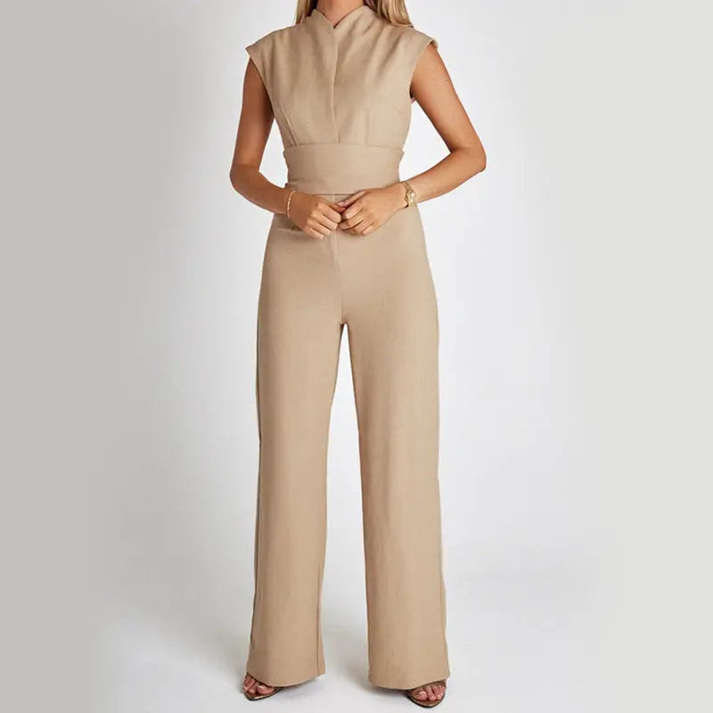 Fashion Elegant Long Sleeveless Jumpsuit Summer V-neck Casual Wide Leg Long Overalls Clothing For Women 