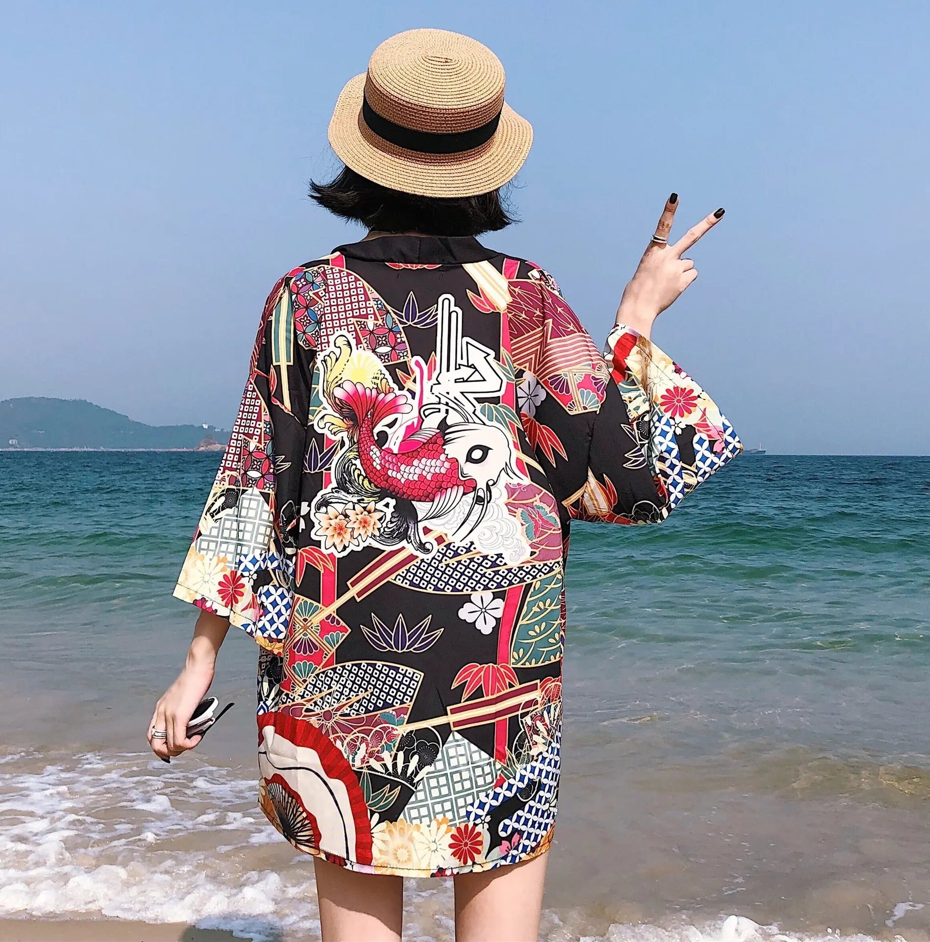 Loose Street Sun Protection Clothing Middle Sleeve Graffiti Kimono Travel Thin Coat 