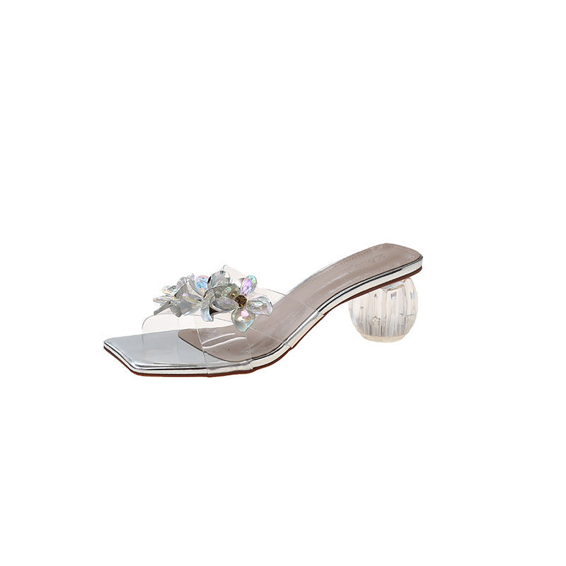 Flower Word Style Transparent Crystal Profiled High Heel Slippers