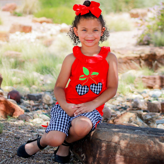 Girls Red Cherry Ruffled Tunic and Gingham Woven Shorts Outfit