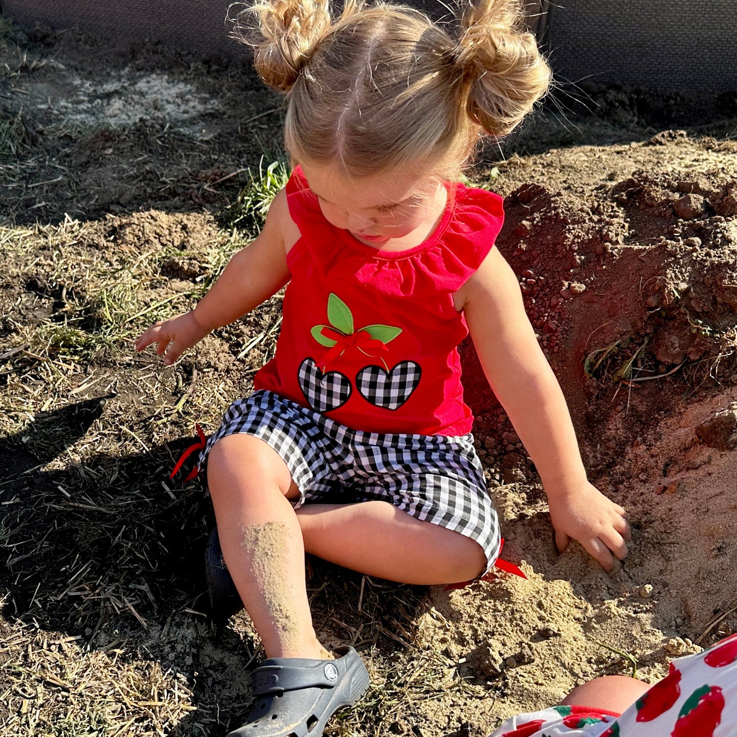 Girls Red Cherry Ruffled Tunic and Gingham Woven Shorts Outfit