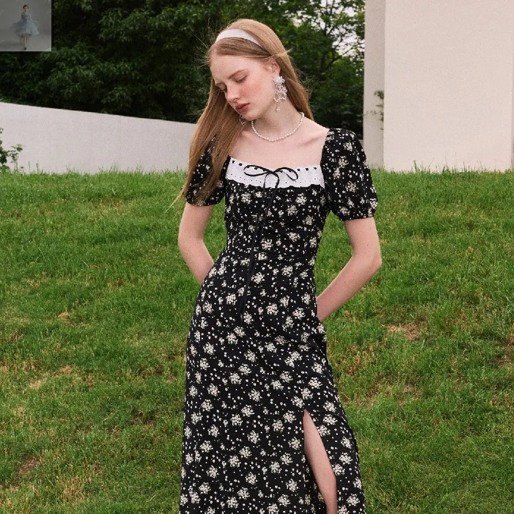 Black Floral Dress Summer French Slit  Black Floral Dress Summer French Slit Black Floral Dress Summer French Slit Black Floral Dress Summer French Slit Zenzi Style