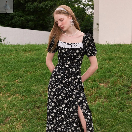 Black Floral Dress Summer French Slit  Black Floral Dress Summer French Slit Black Floral Dress Summer French Slit Black Floral Dress Summer French Slit Zenzi Style